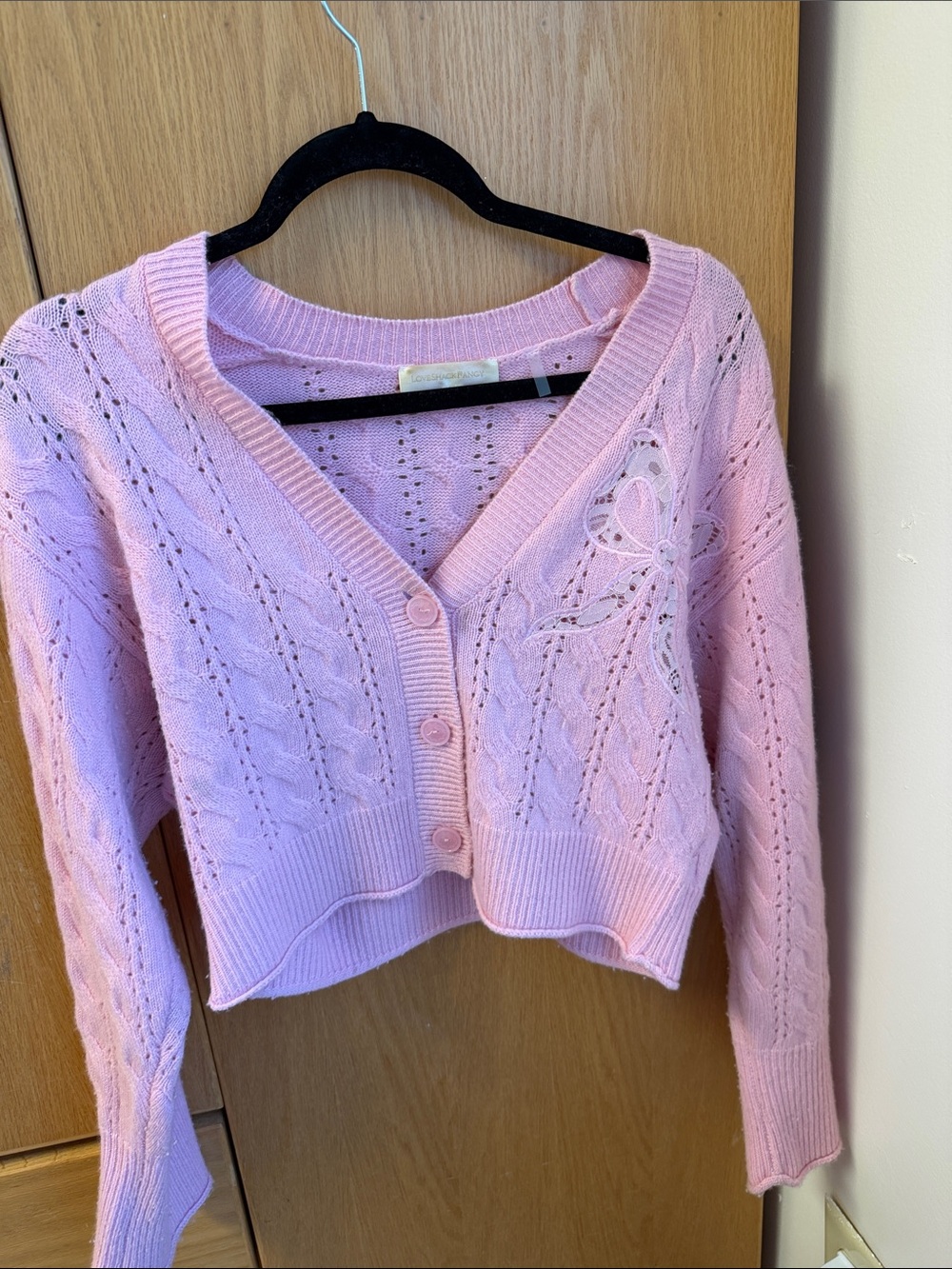 LoveShackFancy Pink Openwork V-Neck Cropped Cardigan